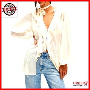 Long Sleeve Sheer Mesh Blouse with Ruffles Oversized Flowy Chiffon Tunic